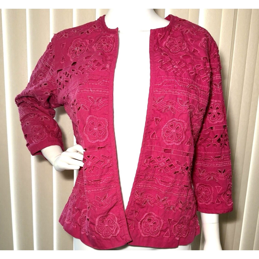 Chico’s Jacket Womens Medium (1) Pink Cotton Eyelet Embroidered Open Front